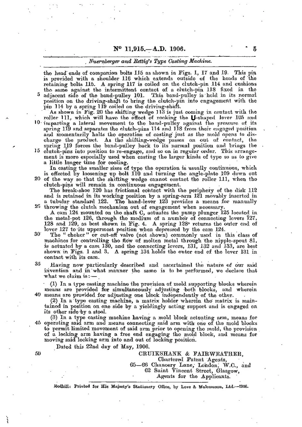 GB Patent 11,915 of 1906, Type Casting Machine — page 5