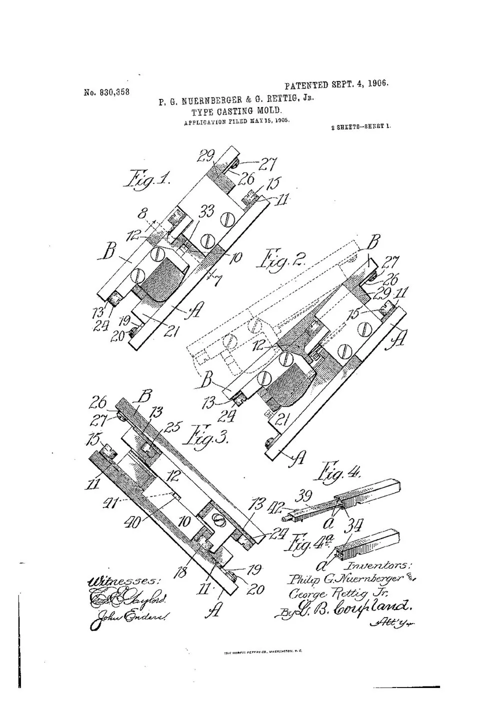 US Patent 830,358, Type-Casting Mold — page 1