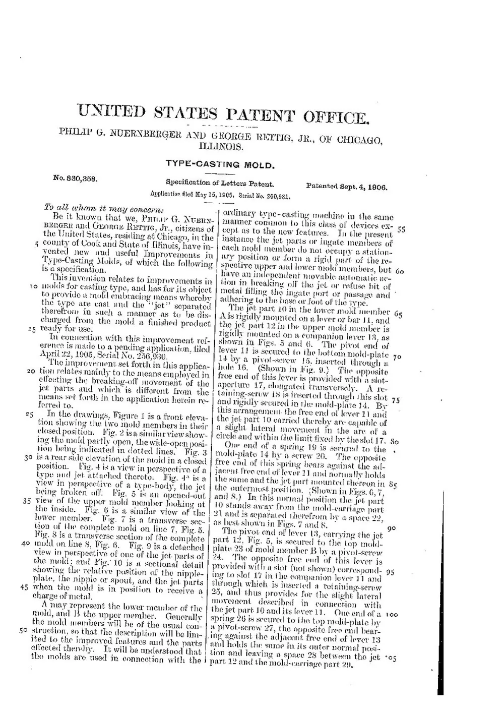 US Patent 830,358, Type-Casting Mold — page 3