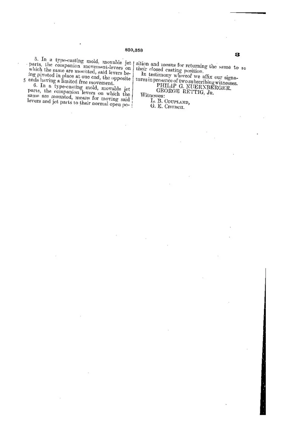 US Patent 830,358, Type-Casting Mold — page 5