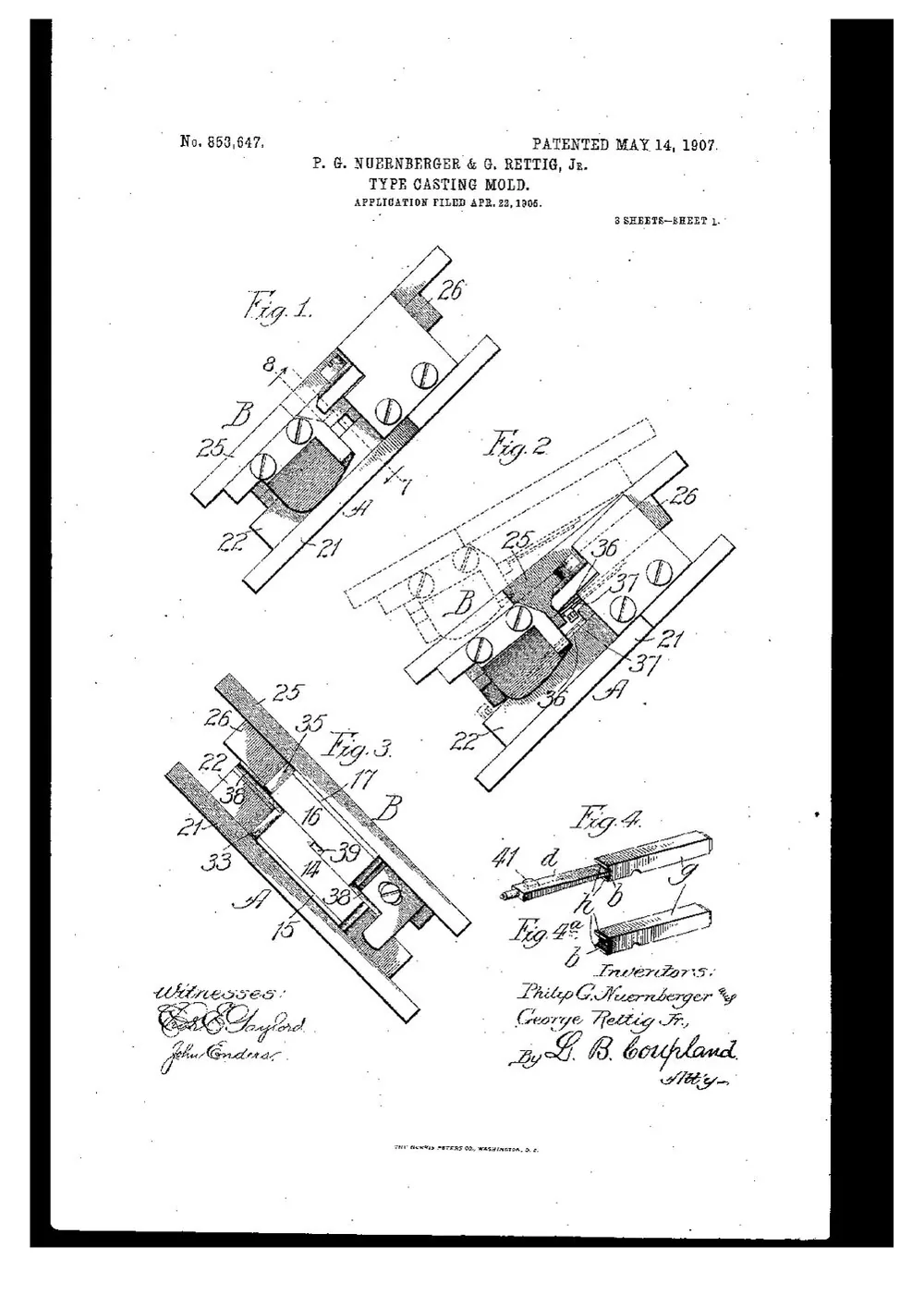 US Patent 853,647, Type-Casting Mold — page 1