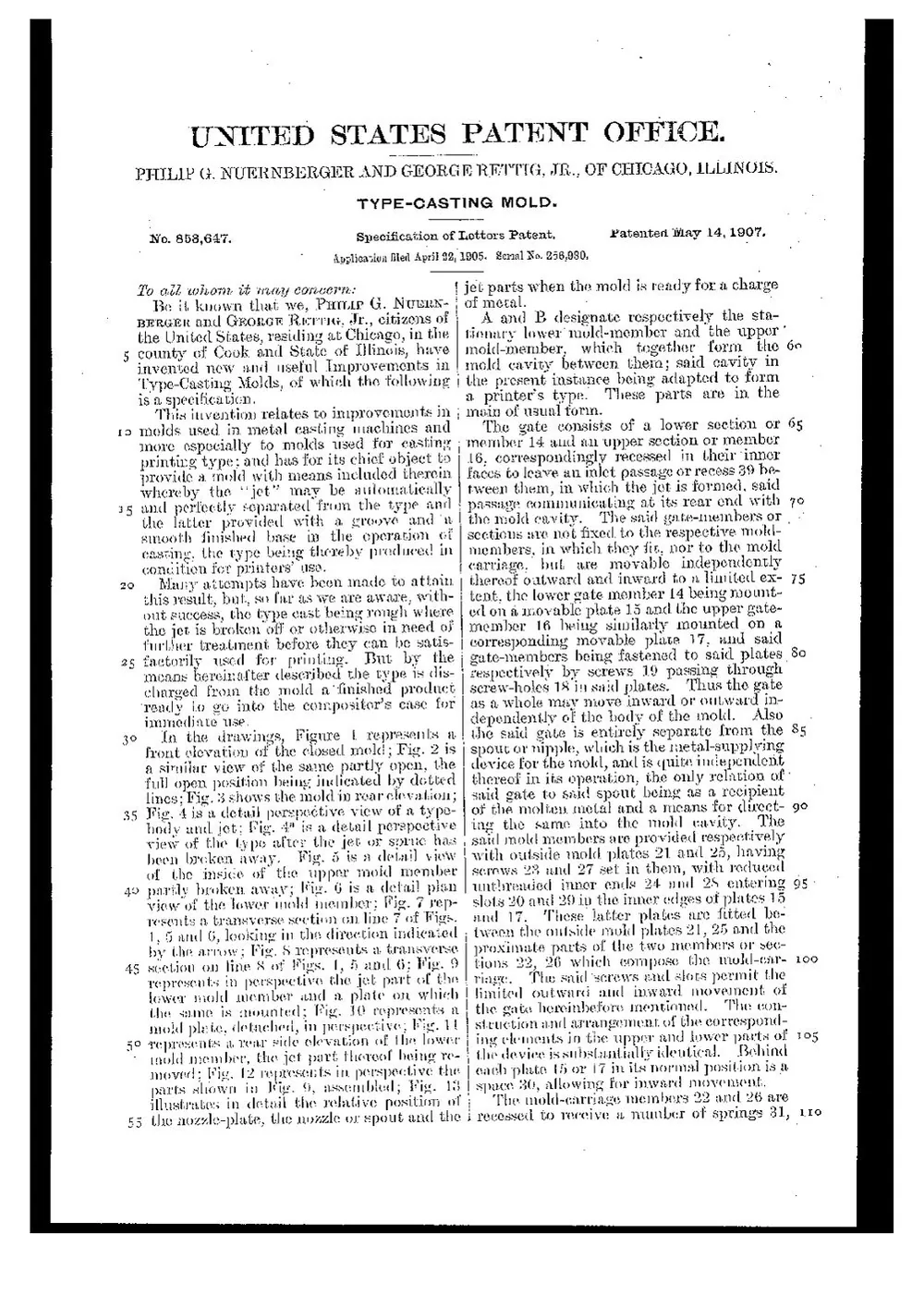 US Patent 853,647, Type-Casting Mold — page 4