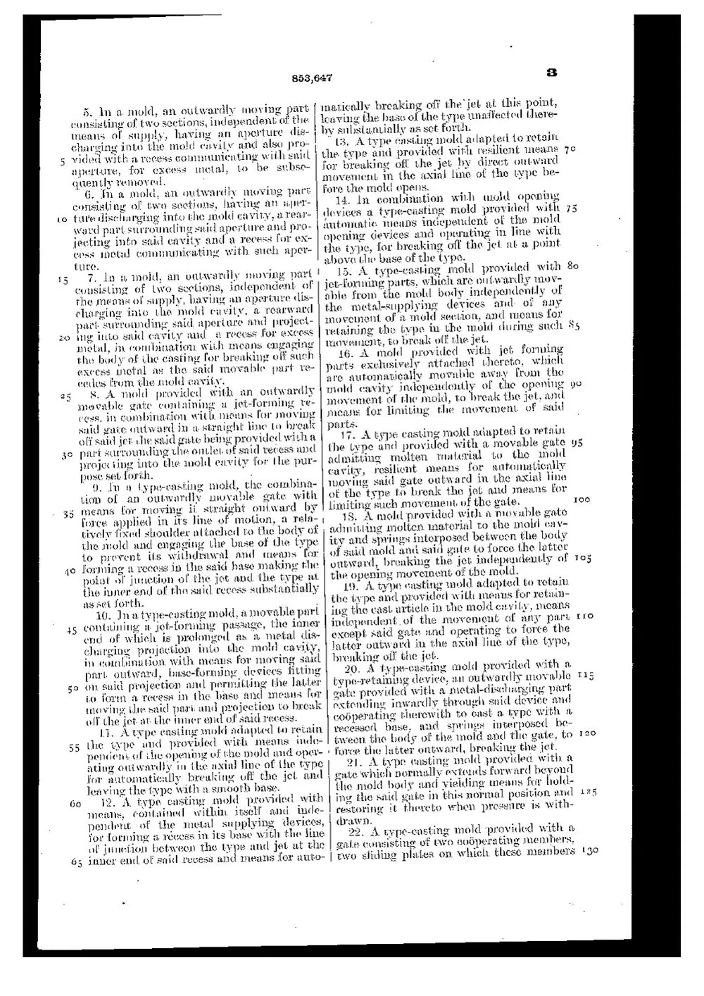 US Patent 853,647, Type-Casting Mold — page 6