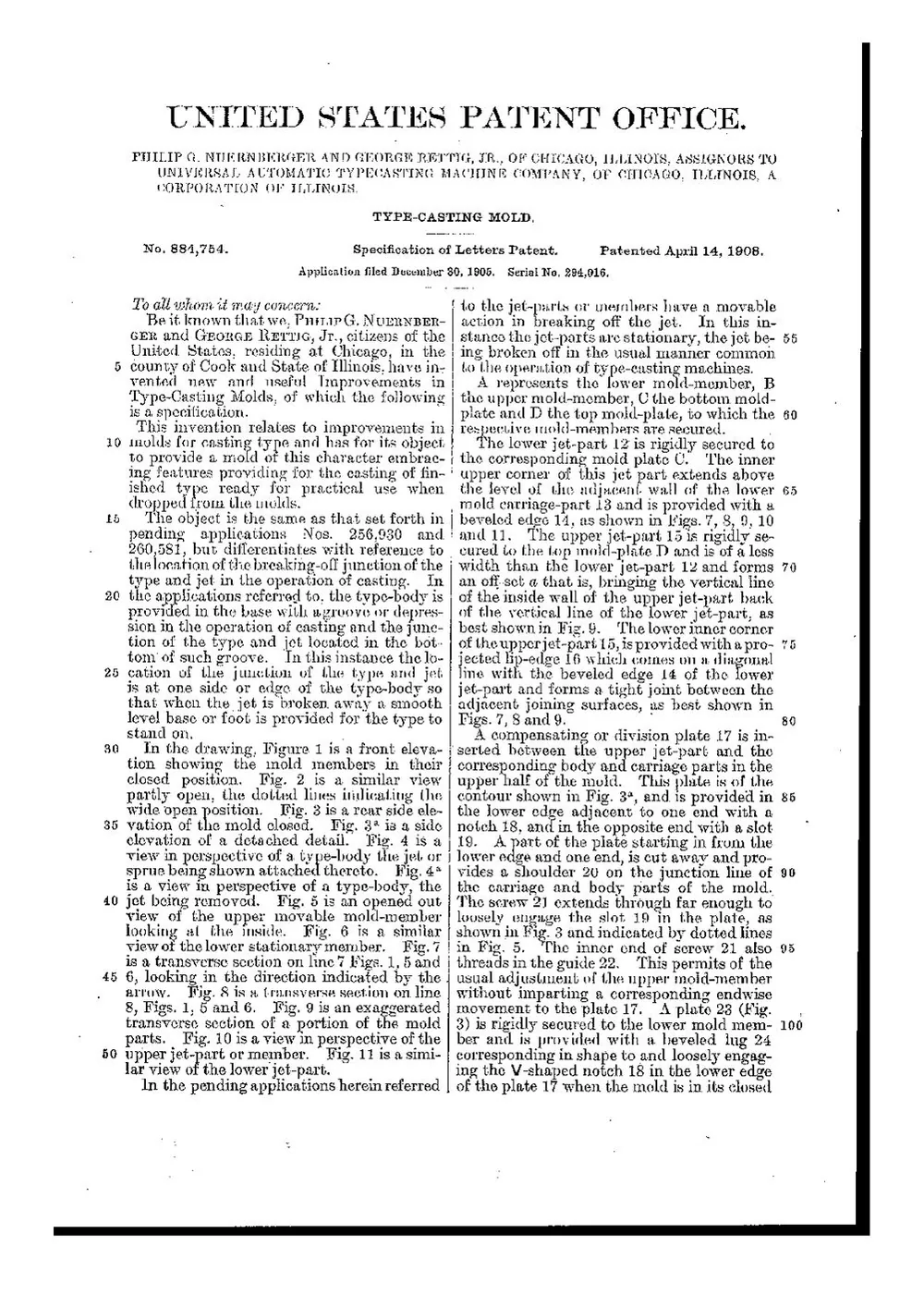 US Patent 884,754, Type-Casting Mold — page 3