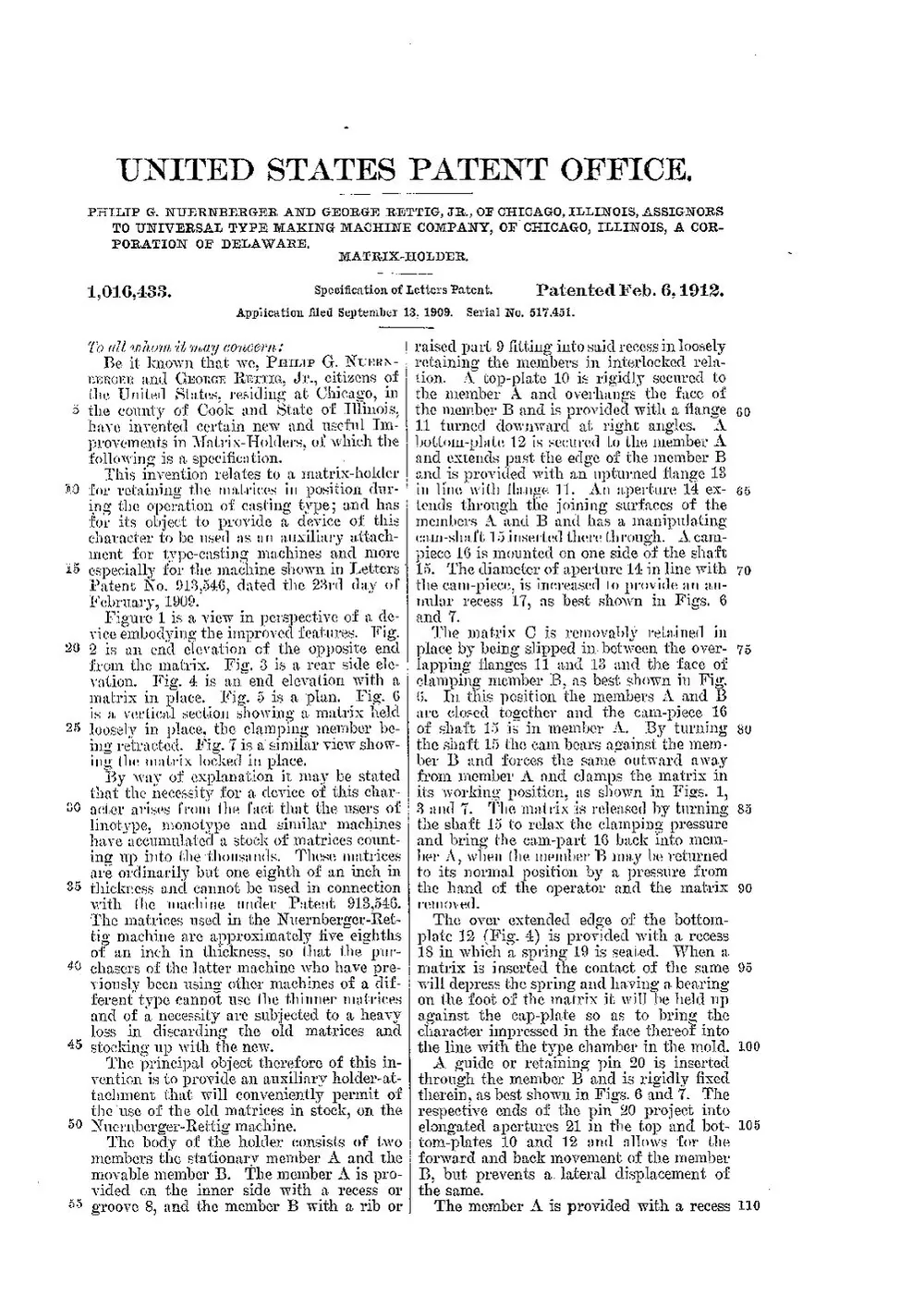US Patent 1,016,433, Matrix-Holder — page 2