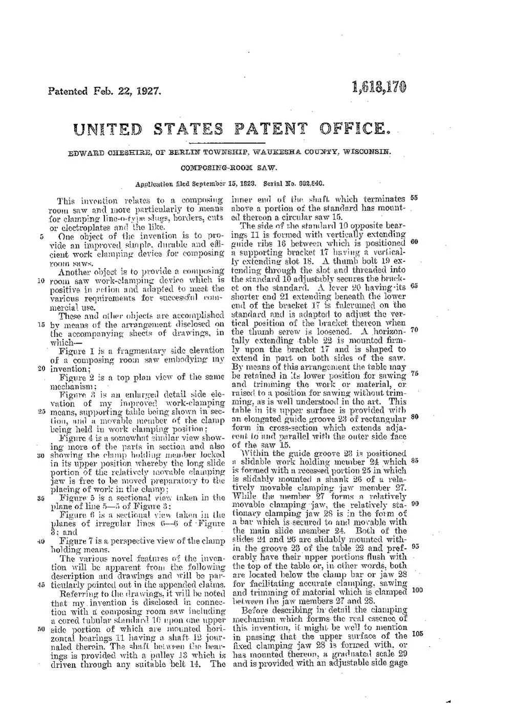US Patent 1, 618, 170. Composing-Room Saw [workholding clamp] — page 3