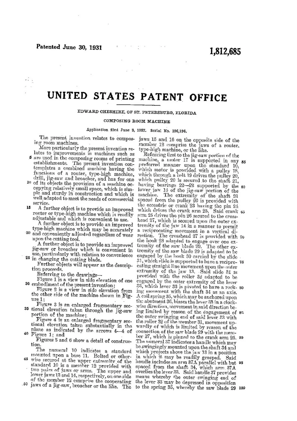 US Patent 1,812,685. Composing Room Machine — page 4