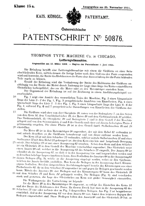 Austrian Patent 50,876, Thompson Type Machine Company, Letterngiessmaschine