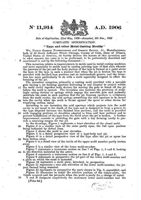 GB Patent 11,914 of 1906, Type and Other Metal Casting Moulds