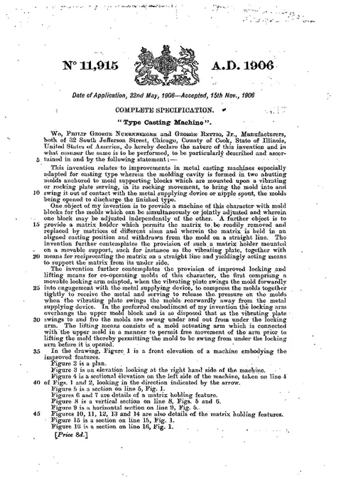 GB Patent 11,915 of 1906, Type Casting Machine