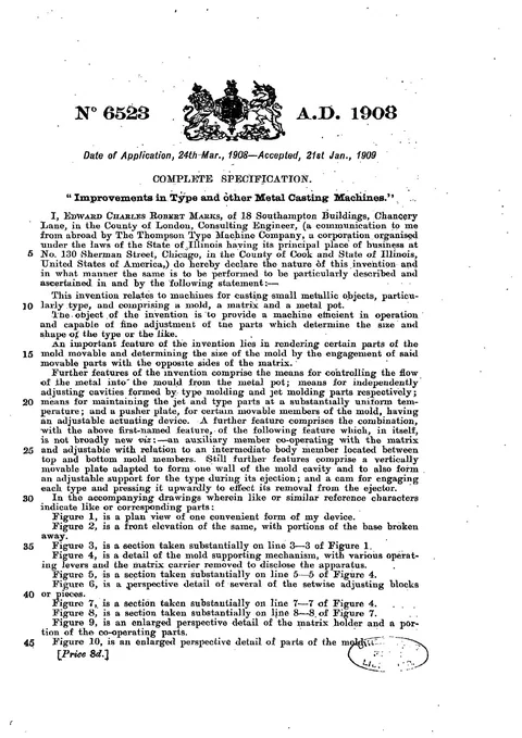 British Patent No. 6523 of 1908, Improvements in Type and Other Metal Cating Machines