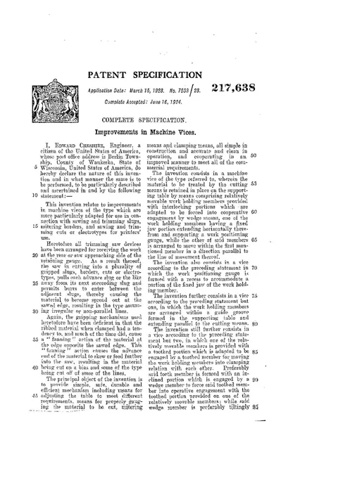 GB Patent 217,638 Improvements in Machine Vices