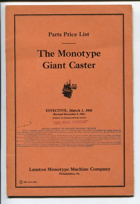 Parts Price List [for] The Monotype Giant Caster