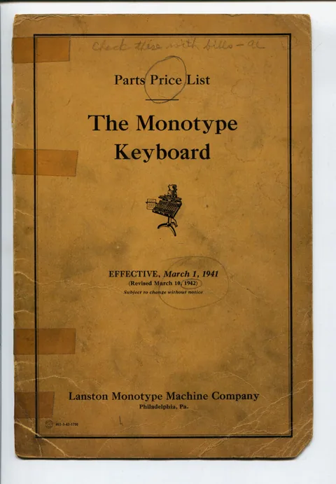 Parts Price List: The Monotype Keyboard