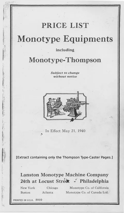 Price List [of]Monotype Equipments Including Monotype-Thompson [Thompson extract only]