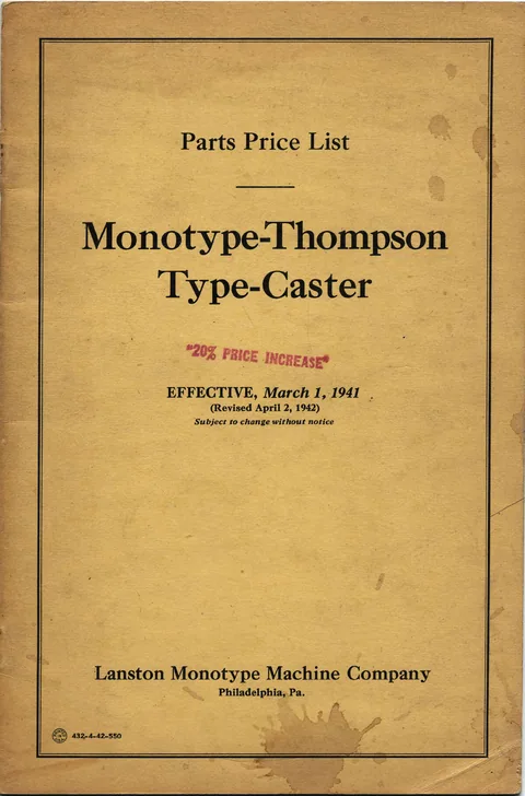 Monotype-Thompson Type-Caster Parts Price List (1941/1942)