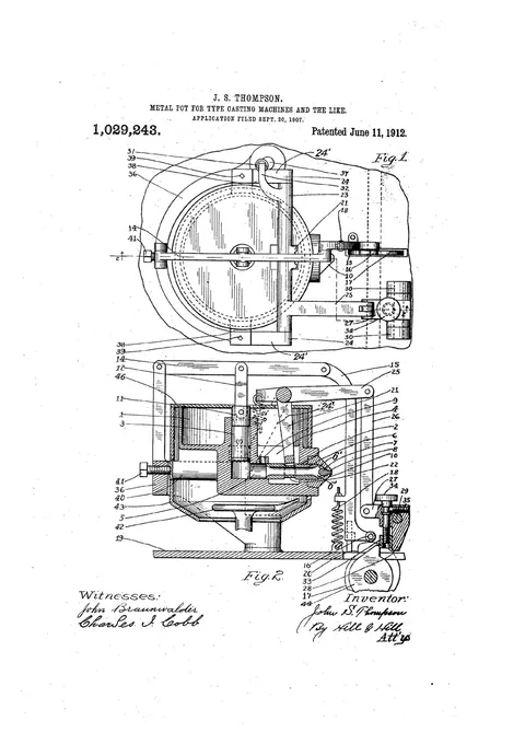 US Patent 1,029,243. Metal-Pot for Type-Casting Machines and the Like