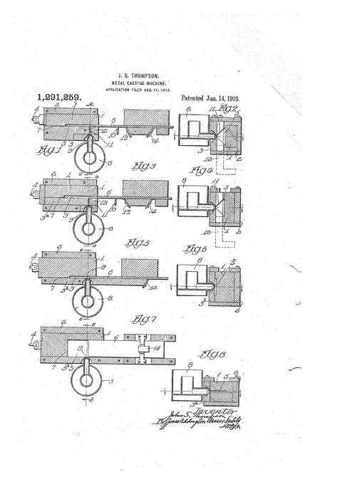 US Patent 1,291,259, Metal-Casting Machine [Ejector for a Fusion Stripcaster]