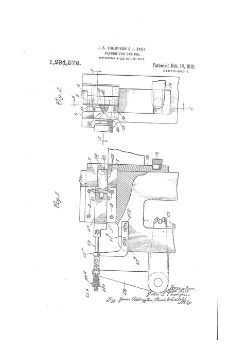 US Patent 1,294,572, Machine for Casting [Fusion Stripcasting]