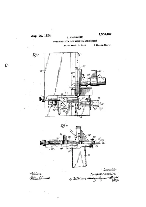US Patent 1,506,407. Composing-Room-Saw Mitering Arrangement