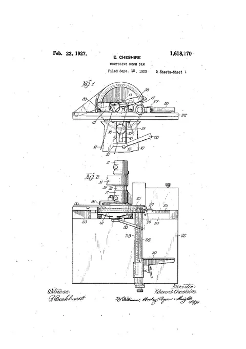 US Patent 1, 618, 170. Composing-Room Saw [workholding clamp]