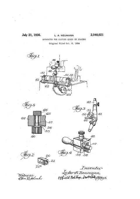 US Patent 2,048,021, Apparatus for Casting Quads or Spacers [on a Thompson]